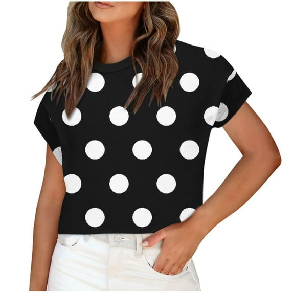 Wenyuyu Women's Summer T Shirts Cute Casual Polka Dots Short Sleeve Tops Classic Round Neck Work T-Shirt Comfy Blouses Black XXL