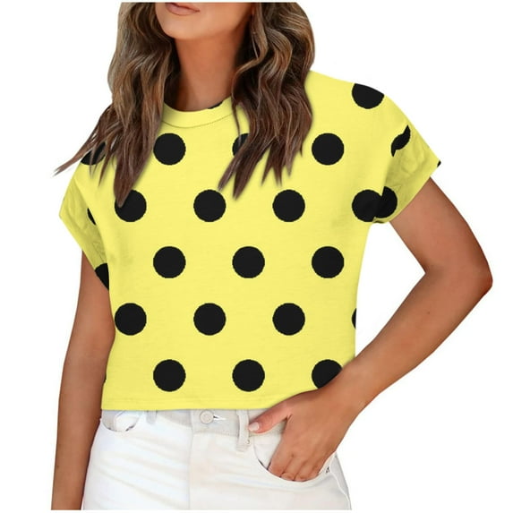 Wenyuyu Women's Summer T Shirts Cute Casual Polka Dots Short Sleeve Tops Classic Round Neck Work T-Shirt Comfy Blouses Yellow XXL