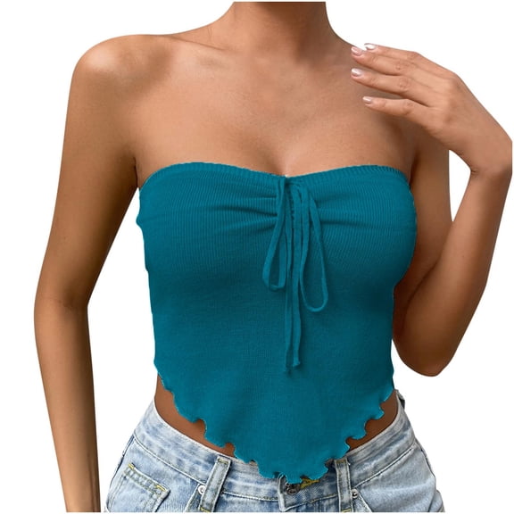 Wenyuyu Women's Tube Tops Strapless Sleeveless Ribbed Knit Off Shoulder Bandeaus Fashion Twist Knot Y2K Cropped Blouses Sky Blue L