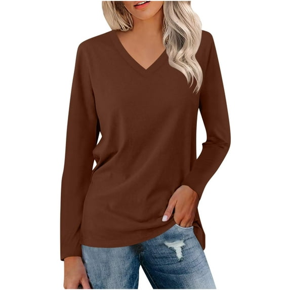 Wenyuyu Women's V-Neck T-Shirts Solid Color Athletic Workout Long Sleeve Tops Basic Fitted Lightweight Tunic Blouses Coffee XL