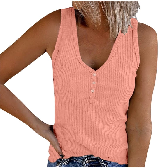 Wenyuyu Women's V Neck Tank Tops Summer Sleeveless Ribbed Knitted Tee Shirts Button Henley Casual Slim Fitted Blouses Orange S