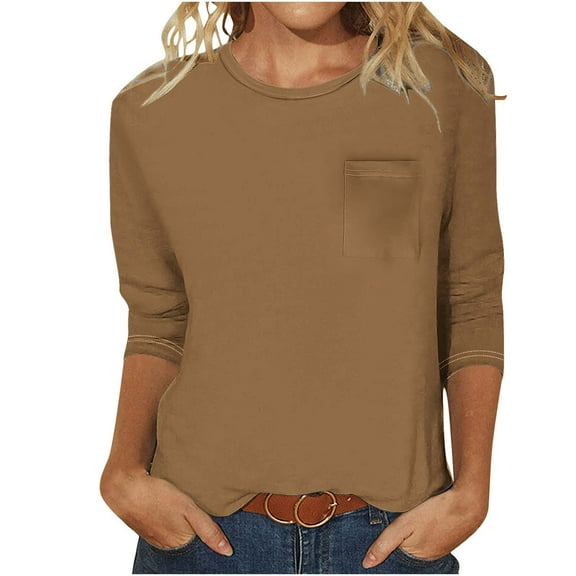 Wenyuyu Womens 3/4 Sleeve Tops Casual Basic Loose Fit Crewneck T Shirts Cute Solid Tunic Blouses with Pocket Brown XL