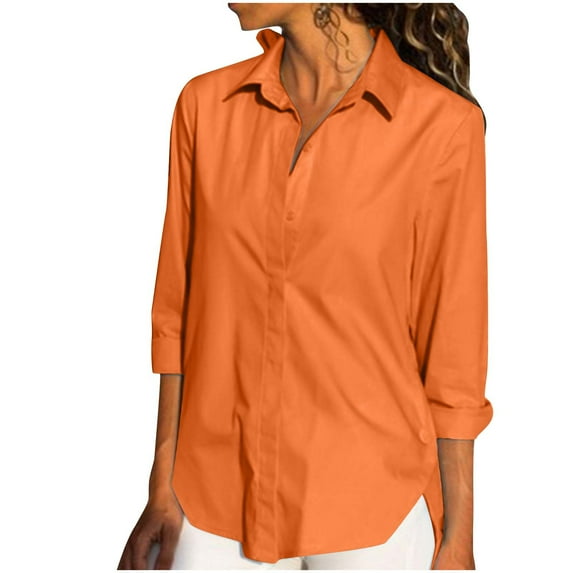 Wenyuyu Womens Button Down Tshirts Lightweight Solid Color Blouses Roll Long Sleeve V-Neck Tops Split Hem Shirts Orange 3XL