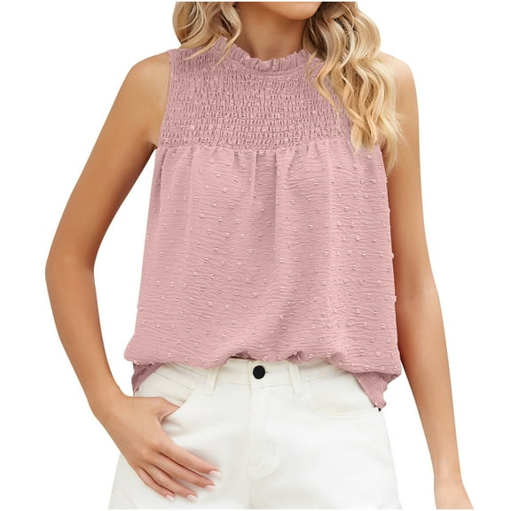 Wenyuyu Womens Chiffon Tank Tops Swiss Dot Summer Sleeveless O-Neck Shirts Casual Fashion Smocked Tunic Blouses Pink S