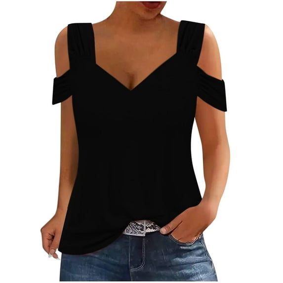 Wenyuyu Womens Cold Shoulder Blouses Summer V Neck Short Sleeve Tops Dressy Casual Sexy Solid Tunic T Shirts
