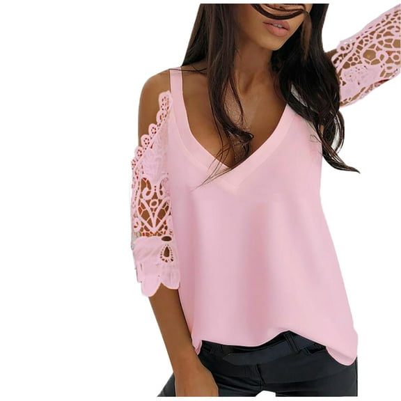 Wenyuyu Womens Cold Shoulder Tops Summer Sexy Lace Hollow Out 3/4 Sleeve T Shirts Trendy Casual Solid Deep V Neck Blouses