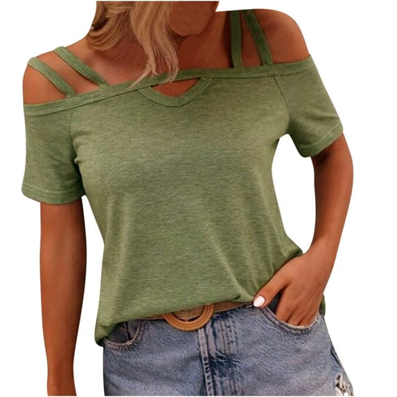 Wenyuyu Womens Cold Shoulder Tops Summer Solid Cut Out T-Shirts Double Straps Short Sleeve Going Out Blouses Green M