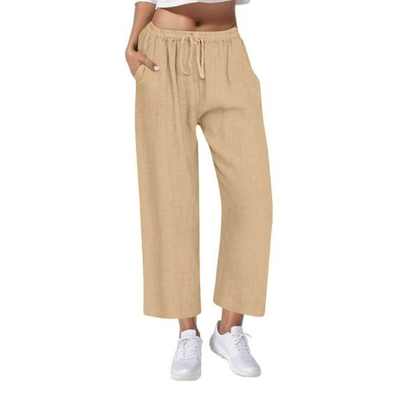 Wenyuyu Womens Cotton Linen Pants Drawstring Hight Waist Baggy Workout Trousers Summer Straight Pants with Pockets Khaki L