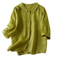 thumbnail image 1 of Wenyuyu Womens Cotton Linen Shirts Casual 3/4 Sleeve Loose Fit Henly Tops Button Down Collar Blouses with Pocket Green M, 1 of 5
