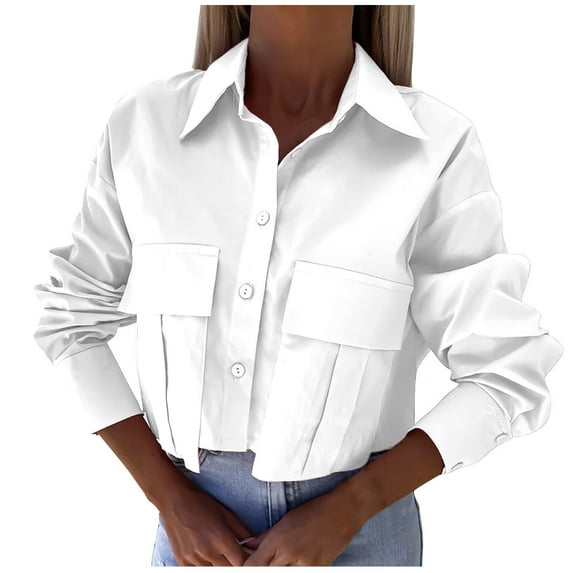 Wenyuyu Womens Cropped Blouses Trendy Button Down Collar Long Sleeve Tops Lounge Solid Color Loose Fit Shirts with Pockets