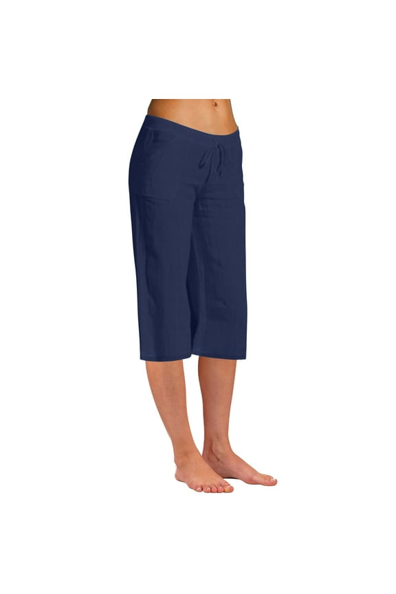 Womens Knee Length Slacks Casual Beach Cropped Trousers Elastic Waist Solid Loose Boho Pants Navy XL
