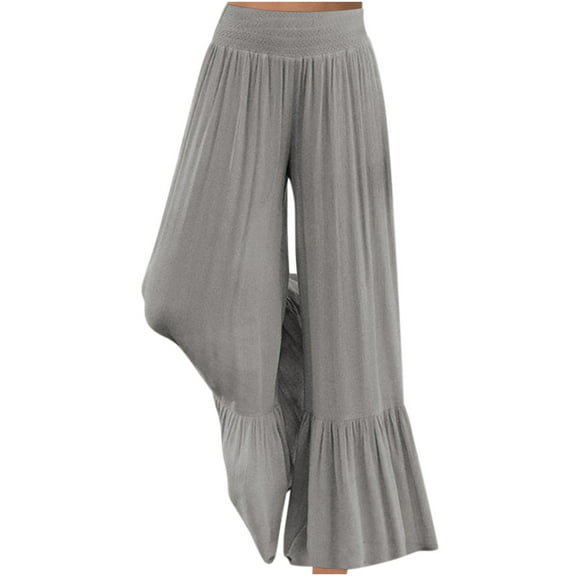Wenyuyu Womens Plus Size Trousers Fashion Ruffled Hem Comfy Cotton Linen Elastic Waist Pants Summer Solid Wide Leg Full Length Pants Gray 3XL