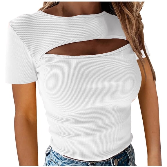 Wenyuyu Womens Short Sleeve Tops CutOut Sexy Trendy Ribbed Knit Blouses Round Neck Slim Fitted Tee Tshirts White M