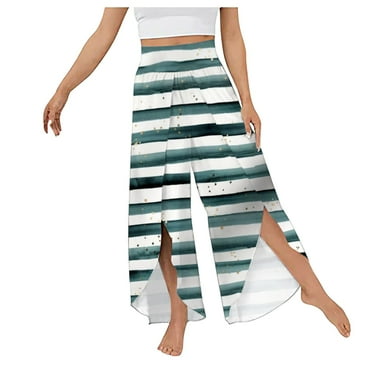Wenyuyu Womens Striped Trousers Lounge High Waist Flowy Palazzo Pants Summer Fashion Slit Hem Vacation Wide Leg Pants
