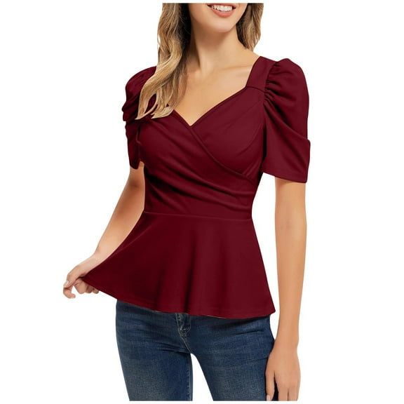 Wenyuyu Womens Summer Tops Elegant V Neck Puff Short Sleeve Shirts Peplum Slim Fitted Blouses for Going Out Wine L