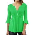 thumbnail image 1 of Wenyuyu Womens Summer Tops Button Deco Notch V-Neck Blouses 3/4 Bell Sleeve Casual Trendy Empire Waist Shirts Green XL, 1 of 3