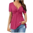 thumbnail image 1 of Wenyuyu Womens Summer Tops Casual Short Sleeve Front Twist Knotted Deep V Neck T Shirts Flowy Cute Tees Trendy Blouses Hot Pink L, 1 of 5
