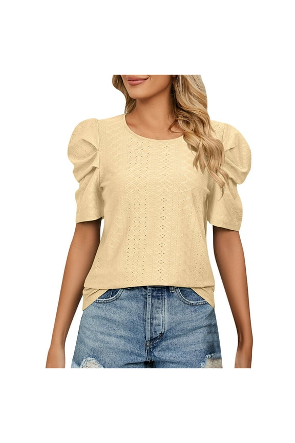 Womens Summer Tops Cute Puff Short Sleeve Eyelet Hollow Out Shirts Casual Solid Color Round Neck Tunic Blouses Yellow XXL
