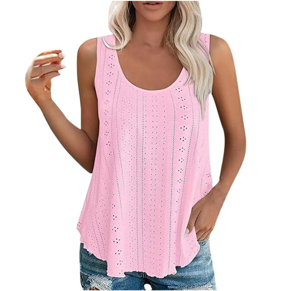 Wenyuyu Womens Tank Tops Eyelet Embroidery Scoop Neck Sleeveless Shirts for Casual Loose Fit Summer Tops Pink XXL