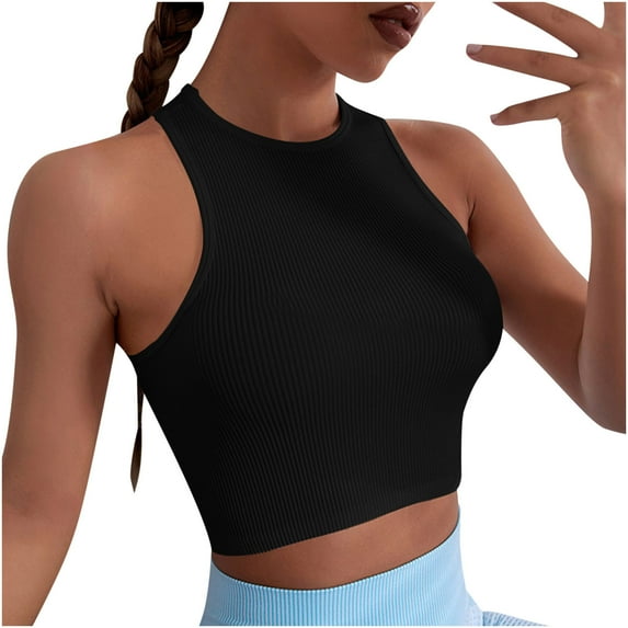 Wenyuyu Womens Tank Tops Summer High Neck Ribbed Sleeveless Blouses Sexy Basic Solid Color Workout Crop Tops Black L