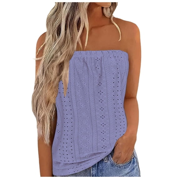 Wenyuyu Womens Tube Tops Sexy Trendy Strapless Eyelet Tank Tops Summer Casual Shirts Smocked Backless Sleeveless Blouses Purple S