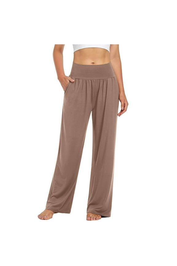 Yoga Pants for Women Casual Loose Cozy Wide Leg Sweatpants Smocked Elastic Waisted Pajama Pants with Pockets Brown L