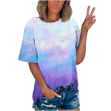 Wenyuyuf Tie Dye Shirt Women Gradient Graphic Short Sleeve O-Neck T-Shirts Plus Size Summer Casual Colorful Tees Blouse Tops