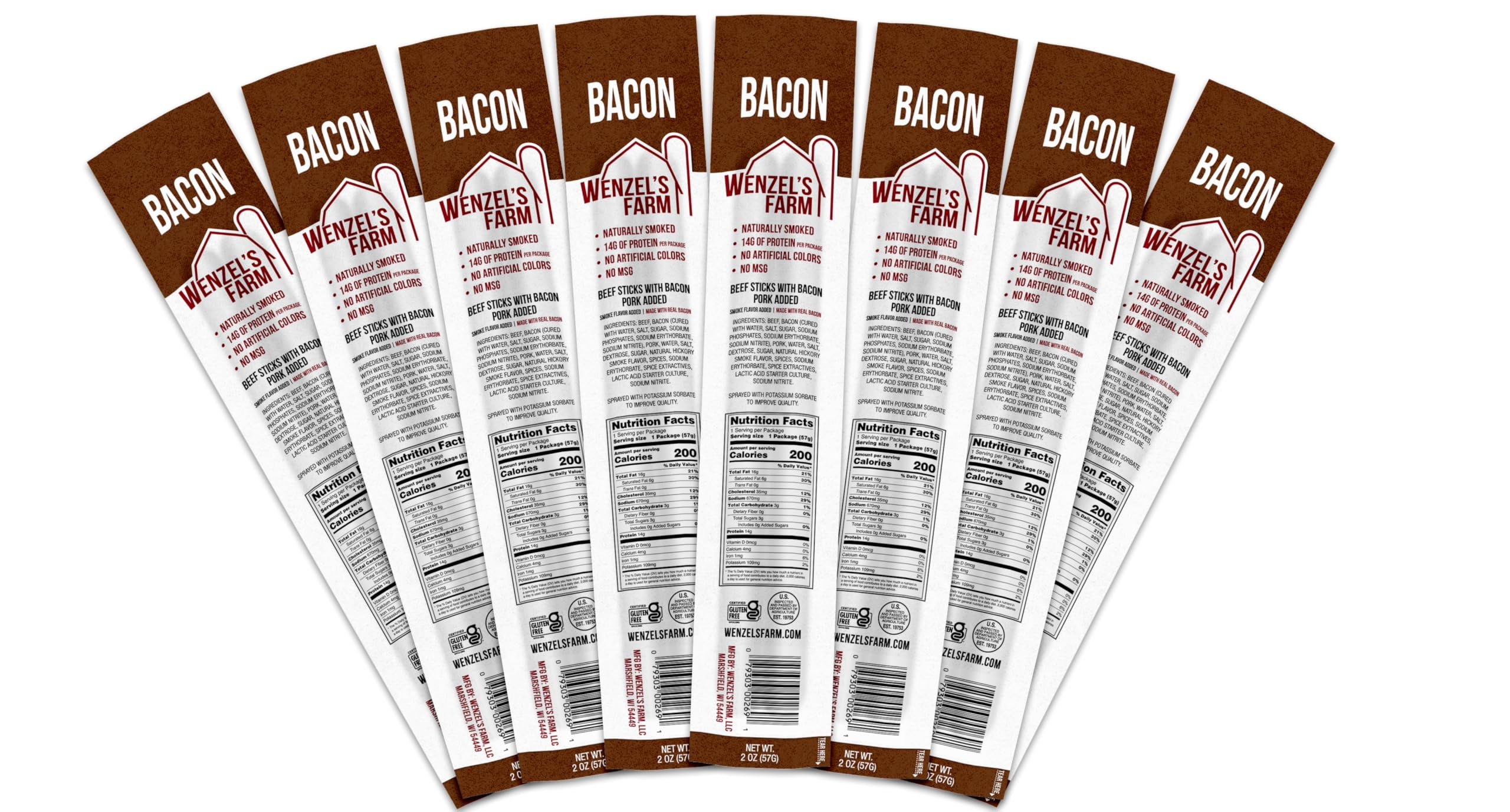Wenzel’s Farm Bacon and Beef Snack NSD3 Sticks │Supports Active Lifestyles │ Flavorful, Natural Smoked │ High Protein, Low Carb │ No MSG, Fillers, Binders │ Gluten Free | 16 sticks (8 packs of 2)
