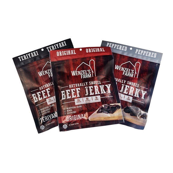 Wenzel’s Farm Beef Jerky Variety Pack, Original Teriyaki & Peppered, Naturally Hickory Smoked, Gluten Free, No MSG, High Protein, 3 Pack