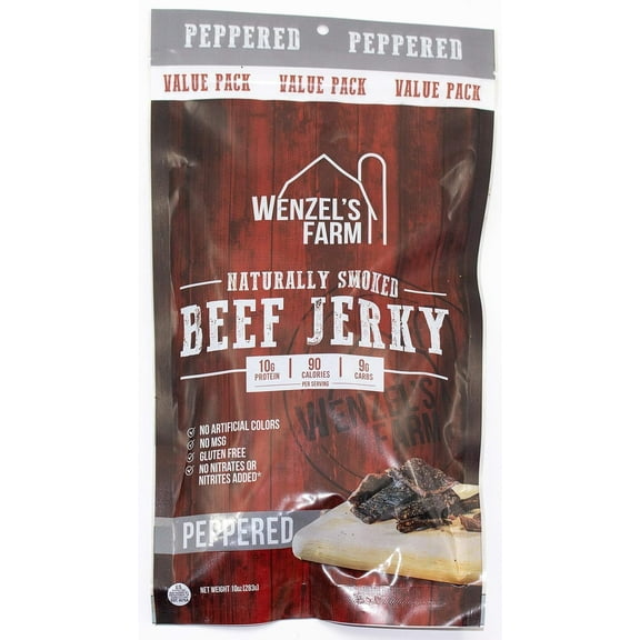 Wenzel’s Farm Peppered Beef Jerky, Naturally Hickory Smoked, Gluten Free, No MSG, High Protein Low Carb, 10 oz. Value Pack