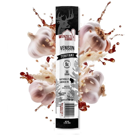 Wenzels Farm Teriyaki Venison Snack Sticks 8 Pack, Naturally Hickory Smoked, Gluten Free, No MSG, High Protein Low Carb