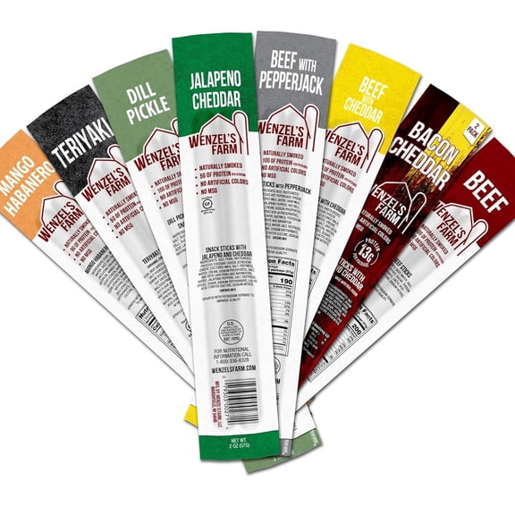 Wenzels Farm Variety Snack Sticks, Flavorful, Natural Smoked, High Protein, Low Carb 16 sticks (8 packs of 2) New & Classic