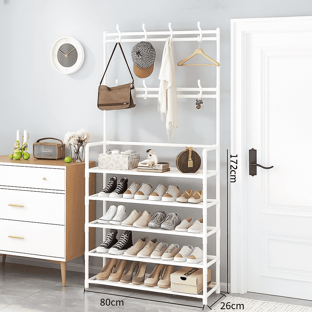 3-in-1 Entryway Coat Rack with Shoe Rack, Coat Rack With Shoe Storage，Coat and Shoe Rack, 31x10x67 inch， Multipurpose Hat and Shoe Storage Rack with 5-Tier 8 Hooks,  White