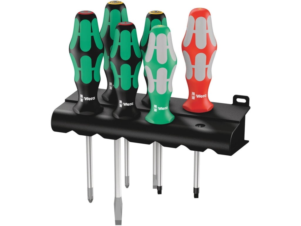 Wera 05347778001 Kraftform Plus Lasertip Screwdriver Set w/ Rack (6-Piece), Phillips & Slotted, Anti-Slip Tips, Ergonomic Handles