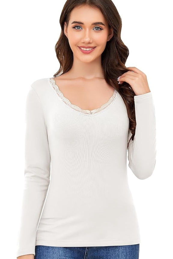 Long Sleeve Shirts for Women Lace V Neck Thermal Shirt Fitted Basic Tops Plain Layering Undershirts