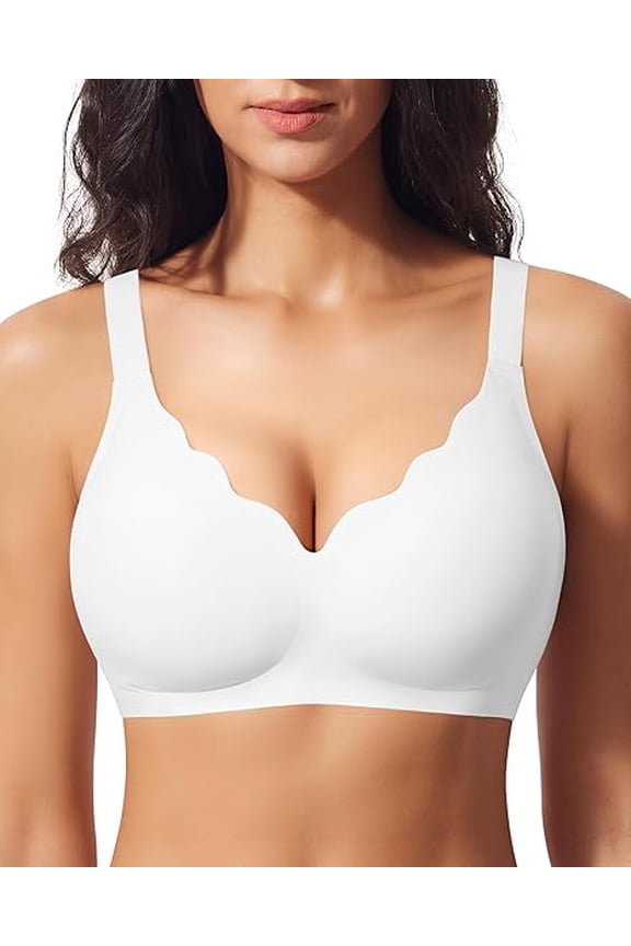 Womens Scalloped No Underwire Bras Wireless Seamless V Neck Bra with Medium Support and Lift T Shirt Bralette