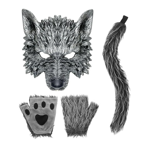 Werewolf Costume Set Wolf Accessories Kit with Mask Gloves Tail Headband for Halloween Masquerade Role Play