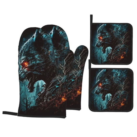 Werewolf Howling Night Cool Wolf 4Pcs Oven Mitts and Pot Holders Sets Oven Kitchen Gloves Hot Pads for Cooking BBQ Baking Grilling