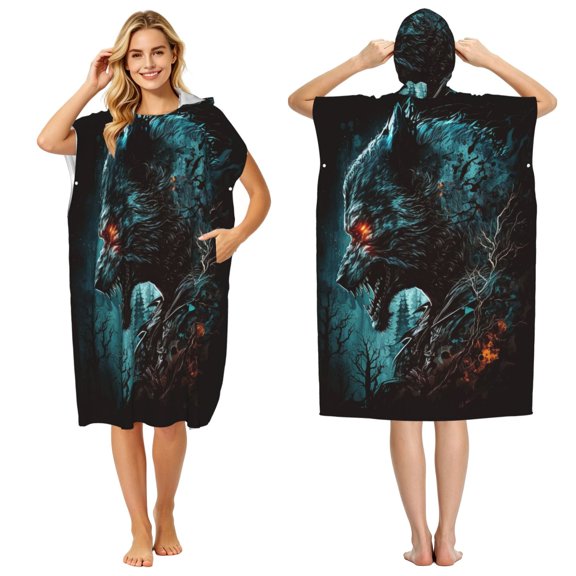 Werewolf Howling Night Cool Wolf Adult Hooded Beach Towel Changing Robe, Surf Poncho Towel for Surfing, Swimming, Camping
