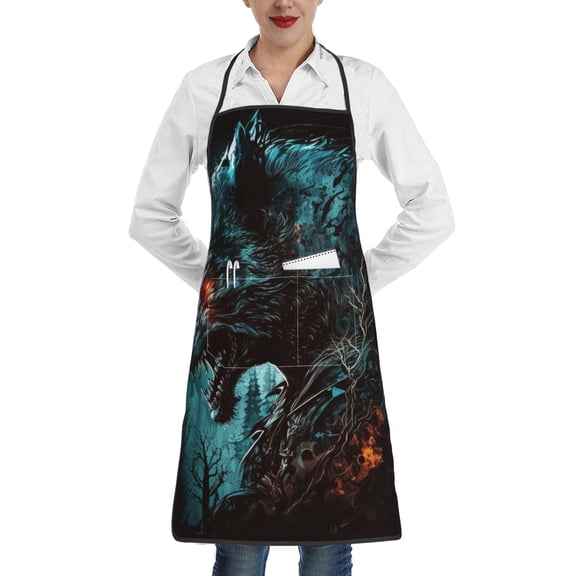 Werewolf Howling Night Cool Wolf Apron with Pocket Cooking Waterproof Bib Aprons for Kitchen Baking Chef Gardening BBQ