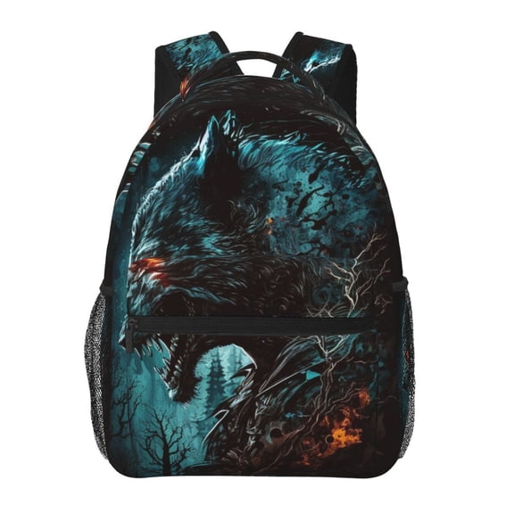 Werewolf Howling Night Cool Wolf Backpack Casual College Bag Zipper Laptop Daypack Hiking Rucksack Travel