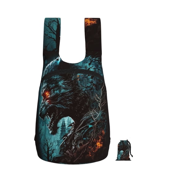 Werewolf Howling Night Cool Wolf Foldable Storage Backpack Lightweight Packable Travel Daypack for Shopping Commuting Hiking