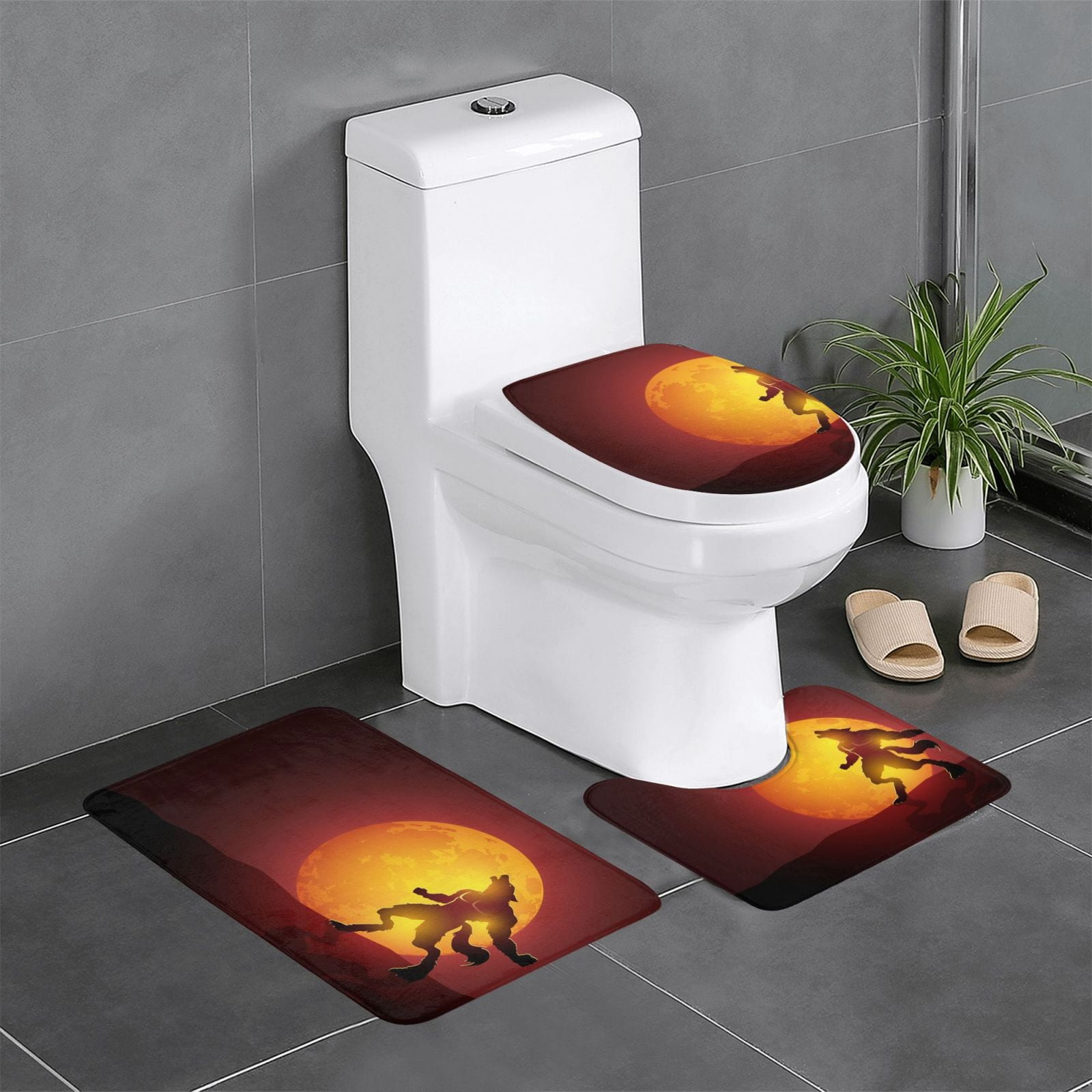 Lycan Rug Werewolf Howling Red Full Moon 3-Piece Bathroom Rug Set Non-Slip ...