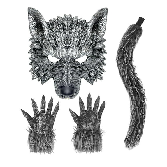 Werewolf Mask Tail Gloves Accessory Set - Gray Transformative Dress Up Kit for Halloween Masquerade Parties Fantasy Events