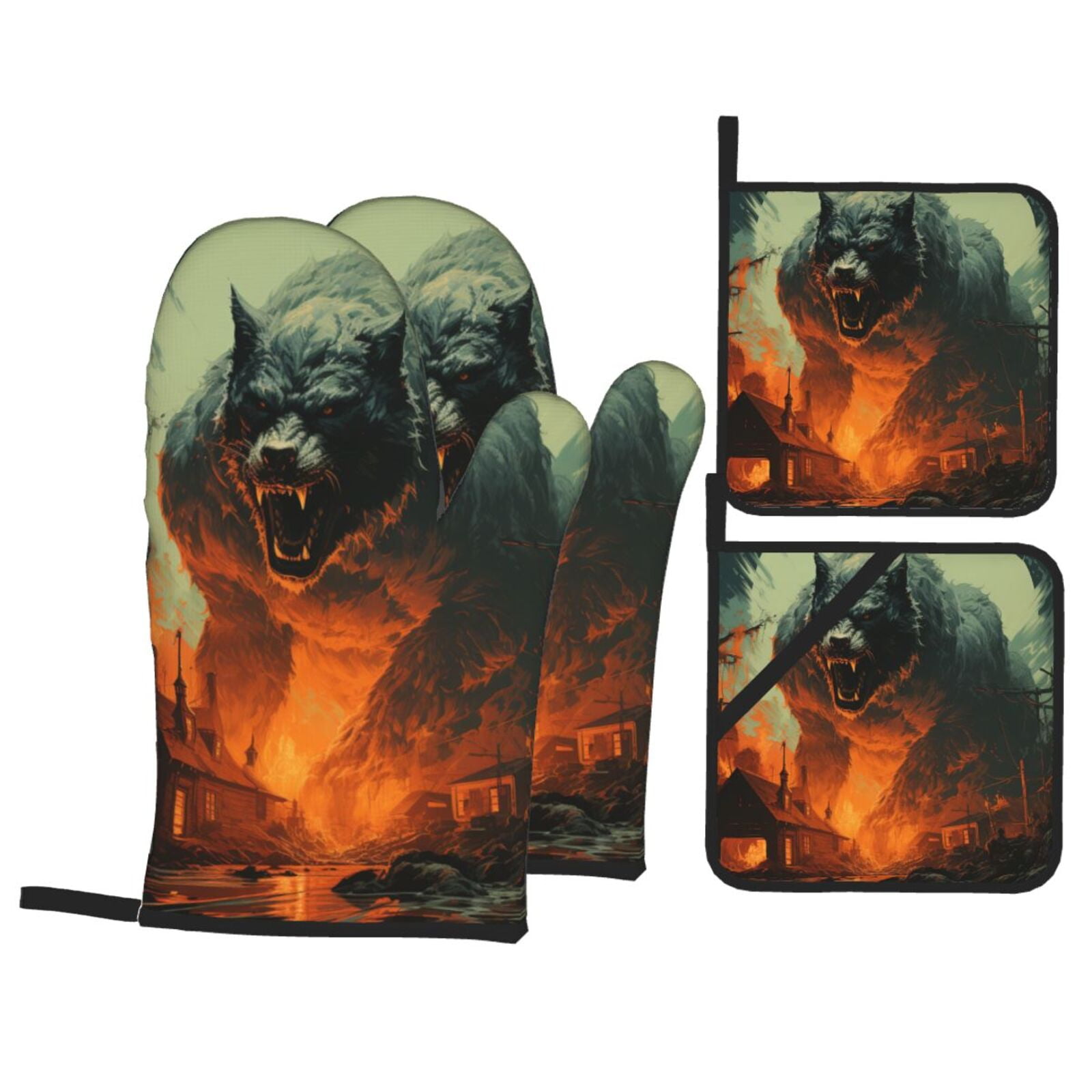 Werewolf Night Cool Art 4Pcs Oven Mitts and Pot Holders Sets Oven Kitchen Gloves Hot Pads for Cooking BBQ Baking Grilling