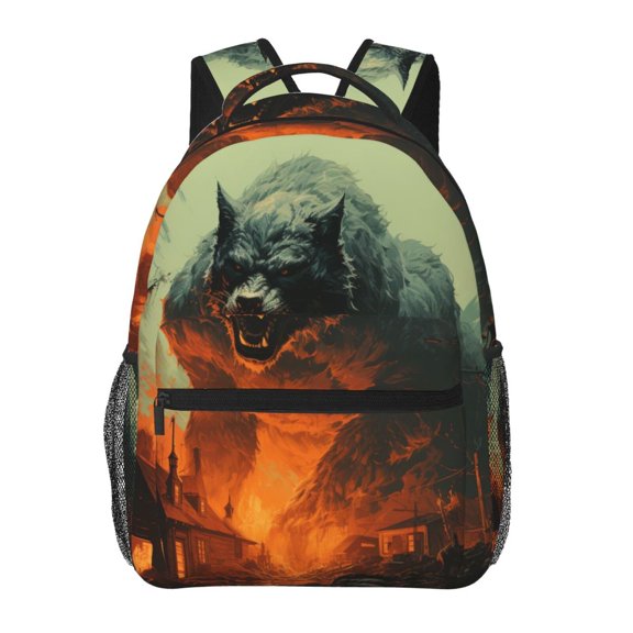 Werewolf Night Cool Art Backpack Casual College Bag Zipper Laptop Daypack Hiking Rucksack Travel