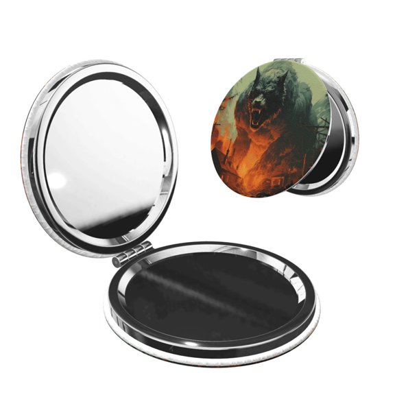 Werewolf Night Cool Art Portable Double-Sided Face Mirror Round Shape, Magnifying Compact Pocket Mirror with PU Leather Cover