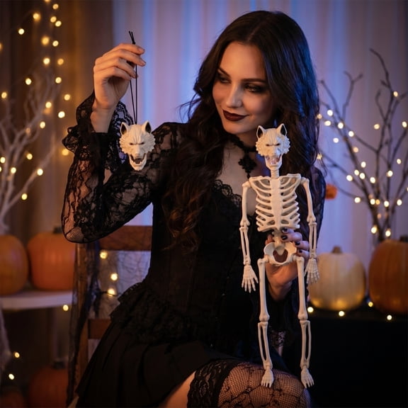 Werewolf Skeleton Halloween Decoration, 15.7 in Cat Wolf Skull Skeleton Prop for Haunted House Yard Decor