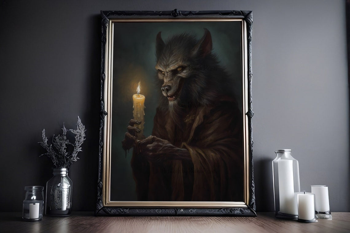 Pet Store Werewolf Werewolf With Candle Wall Art Print, Monster Halloween Decor - Walmart.com