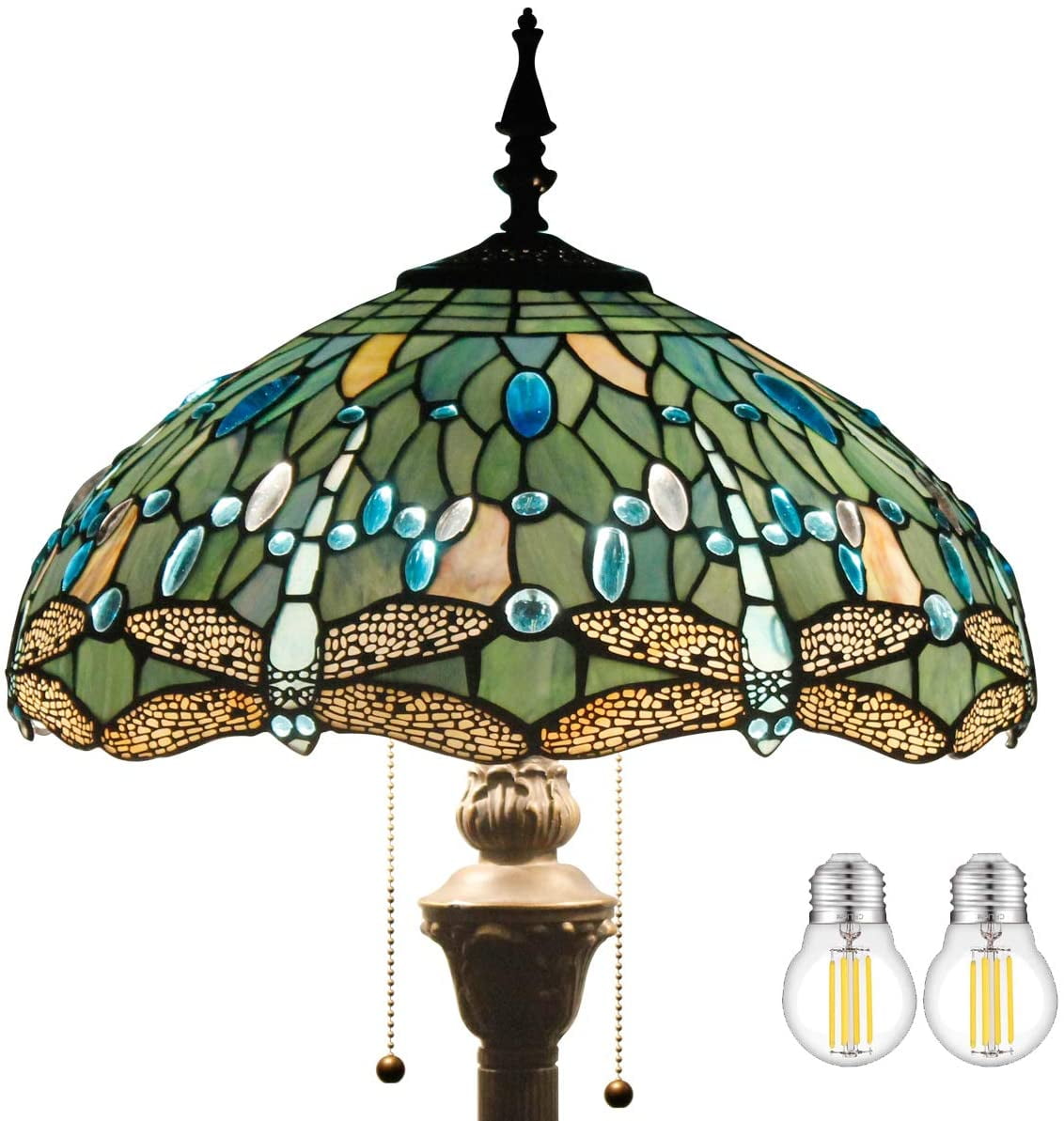 Werfactory 64" 2-Light Boho Antique Bronze Floor Lamp with Stained Glass Multicolor Dragonfly Dome